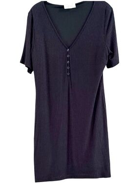 Sadie & Sage Lined Black Ribbed Knit Mini Dress V-Neck Button Henley Size XL